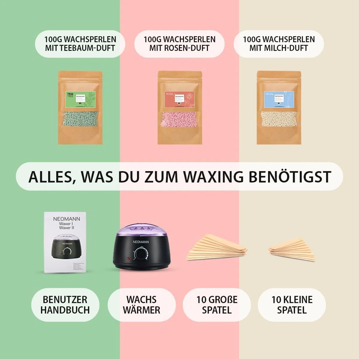 Waxer II Wachs-Set für Frauen und Männer, nicht klebend, teflonbeschichtet – Wachserhitzer zur Haarentfernung inkl. 300 g Wachsperlen, 20 Spatel