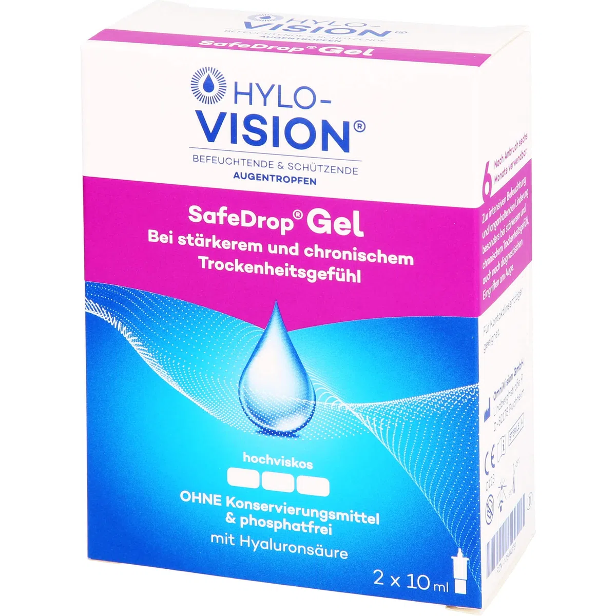 Hylo-Vision SafeDrop Gel Augentropfen – Linderung bei stark und chronisch trockenen Augen, intensive Befeuchtung, hochviskos, konservierungsmittelfrei, geeignet bei Kontaktlinsen, 2x10 ml