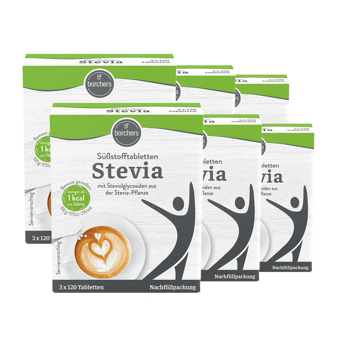 BORCHERS Stevia Süßstofftabletten Nachfüllpack, Tafelsüße 6x 360 Tabletten, Stevia-Zucker-Mischung, kalorienarm, praktischer Spender, Süßungsmittel, Zuckeralternative