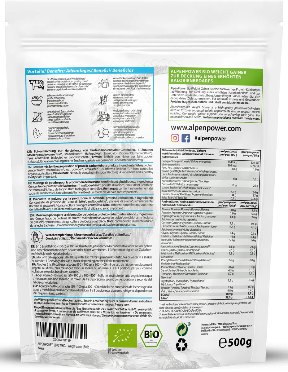 AlpenPower BIO Weight Gainer Neutral 500 g I 100% natürliche Zutaten & ohne Zusatzstoffe I Hochwertige Protein-Kohlenhydrat Mischung I Für Muskelaufbau