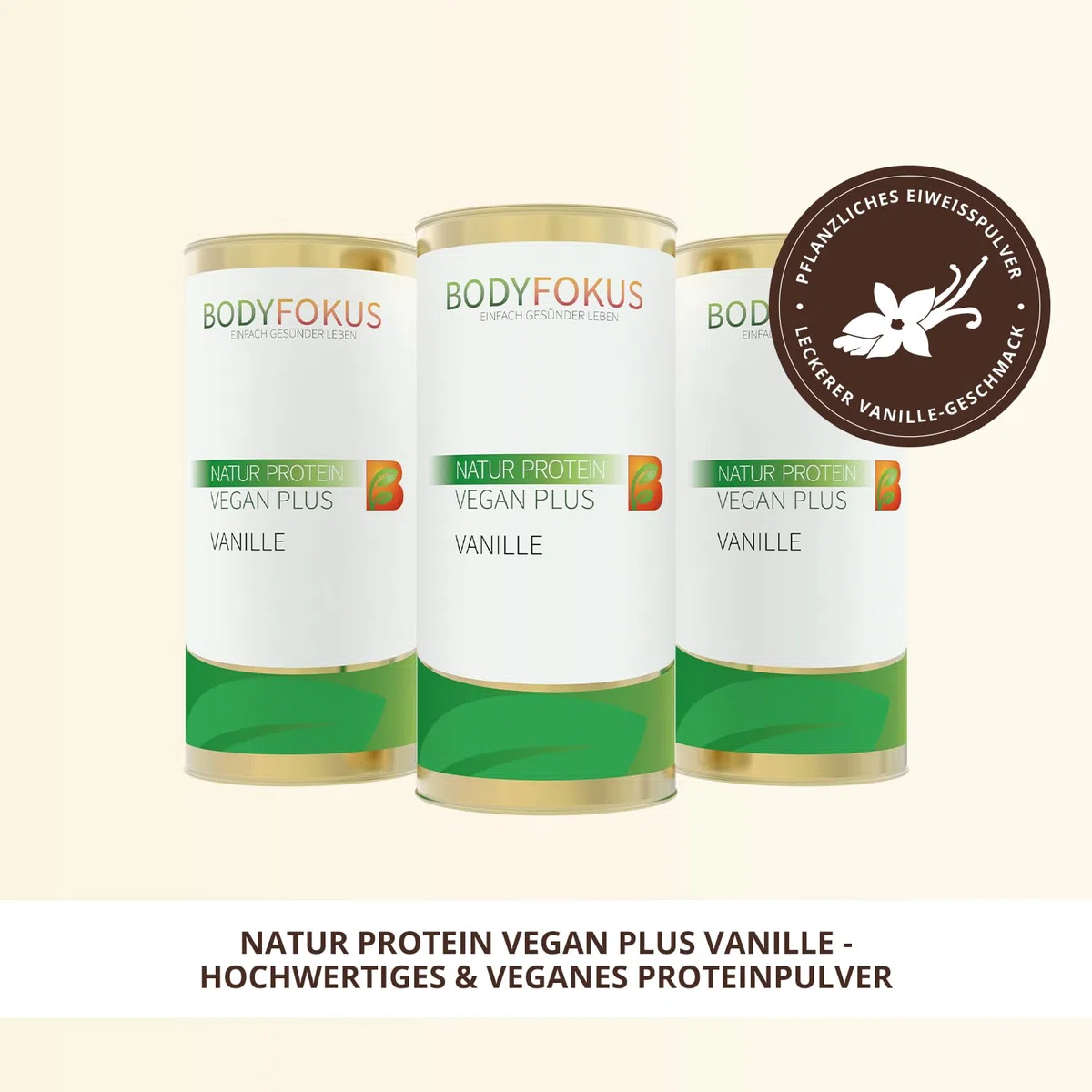 BodyFokus Natur Protein Vegan Plus | Veganes Proteinpulver - hochwertige & rein pflanzliche Eiweißquellen - leckerer Vanillegeschmack - 500g - in Deutschland hergestellt