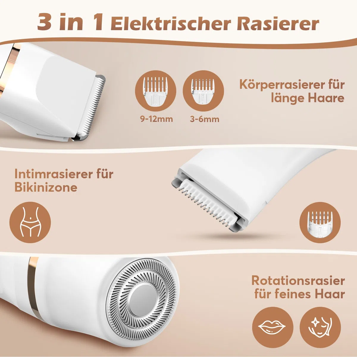 Kotopa Intimrasierer für Frauen, Elektrischer Rasierer Damen mit 3 Aufsätzen, kabelloser und wiederaufladbarer Trimmer Damen für Intimbereich, Gesicht und Beine, Hautschonend & sanft (Weiß)