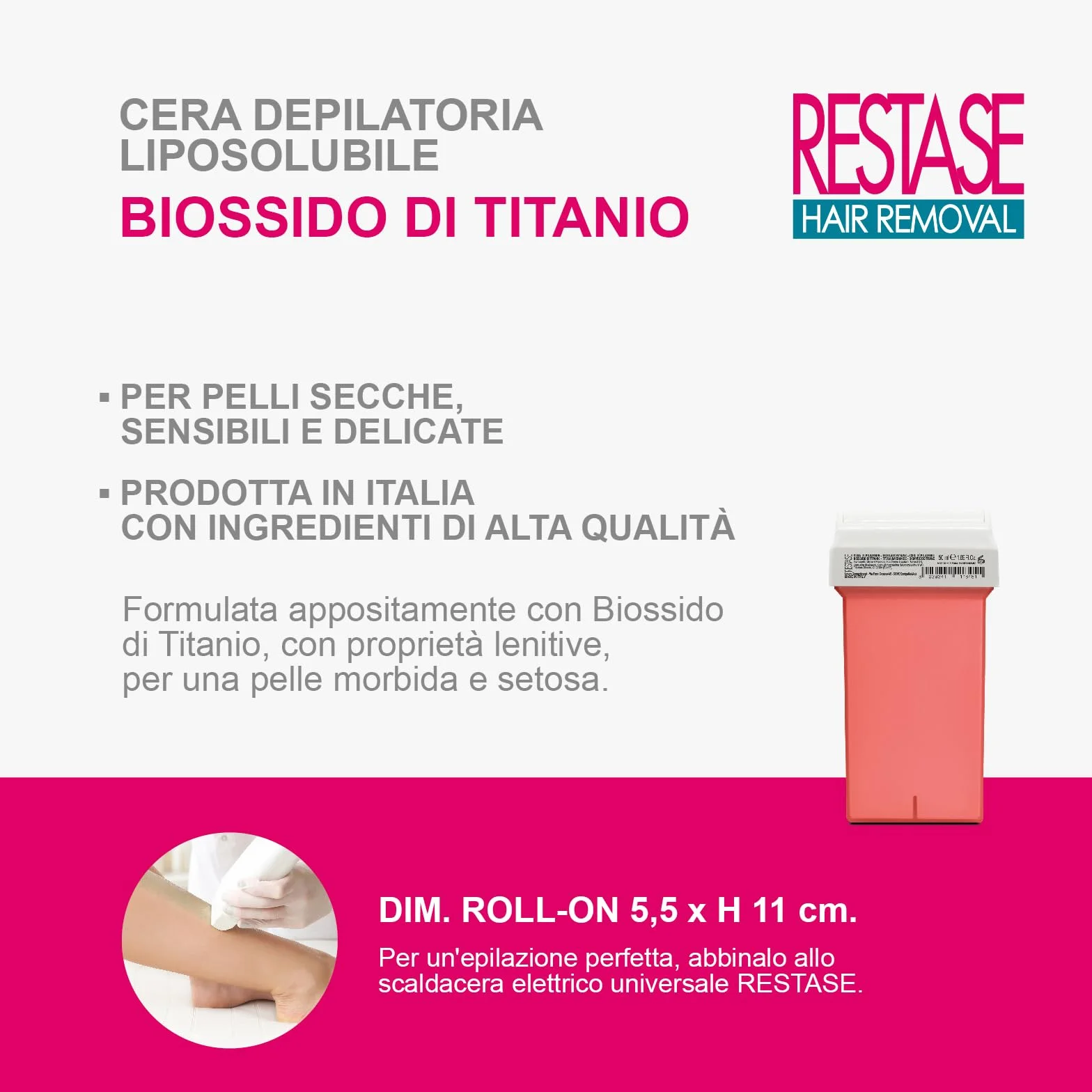RESTASE | Fettlösliches Enthaarungswachs Roll On, Titandioxid, für trockene, empfindliche und empfindliche Haut, 50 ml, hergestellt in Italien (Packung mit 5)
