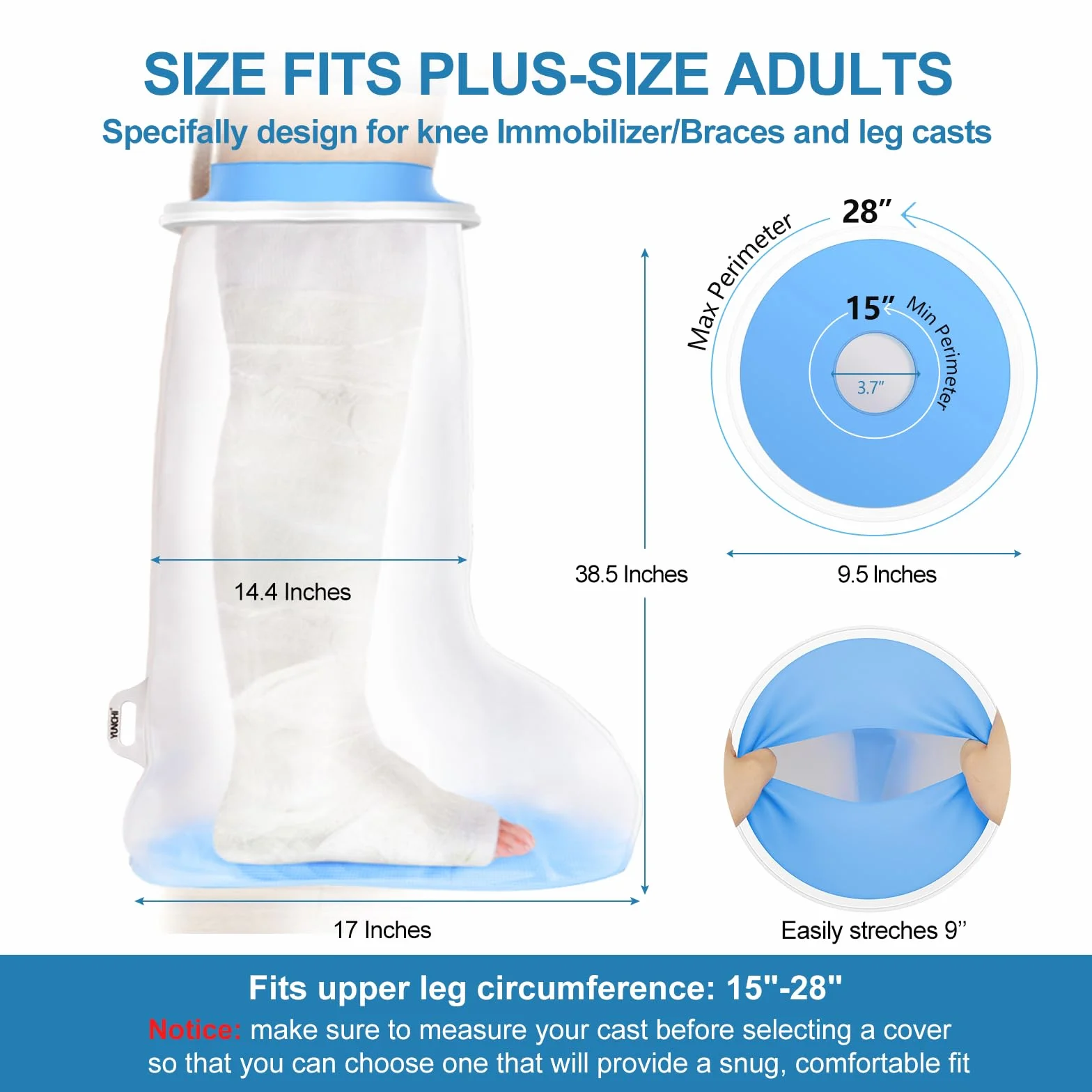 YUNCHI Duschschutz Bein Lang Erwachsene Anti Slip XL Gipsschutz Wasserdicht Wiederverwendbar Verbandschutz Für Orthese Blocks Fixateur Oberschenkel Knie Gips Gipsbinden (Langer Beinprotektor XL)