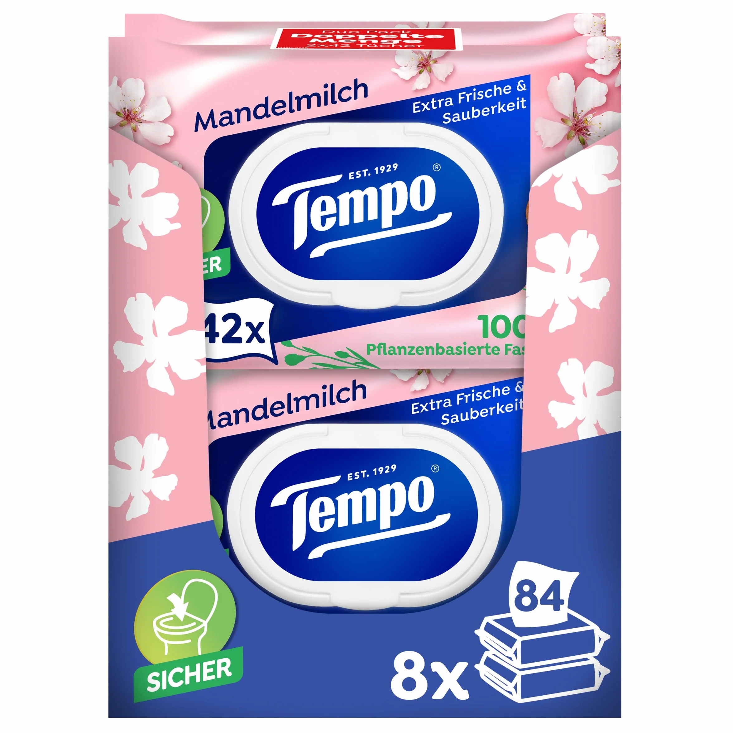 Tempo Toilettenpapier Feucht Mandelmilch & Panthenol, 16er Pack (8 x 2 x 42 Stück)