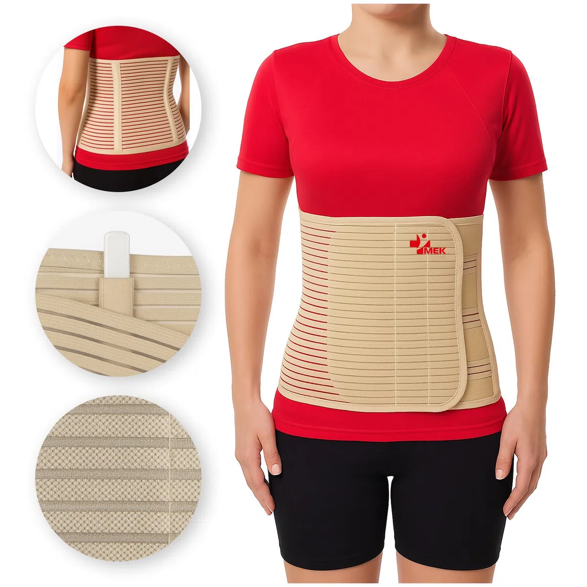 MEK 3002 Medizinische Bauchbandage mit Anti-Roll-System | Postoperativer Bauchgurt gegen Einrollen | 27 cm hoch, Atmungsaktiv, CE-Zertifiziert, **Beige (Hautfarben)** XL