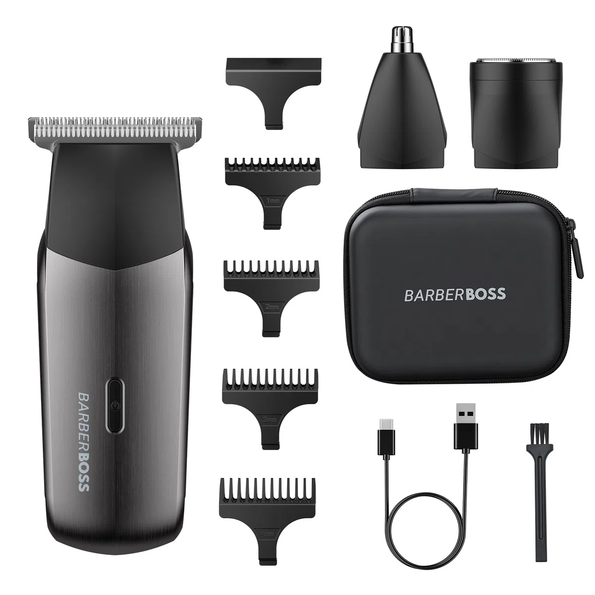 BarberBoss 3-in-1 Reiseschneider für Männer, Bart- & Haarschneider, Nasen- & Ohrentrimmer, Mini Elektrorasierer Herren, Dual-Speed Trimmer Set (Metallisches Pistolenpulver) | Reise-Trimmer-Set, Bart- und Haarschneider, Nasen- und Ohrentrimmer, Mini-Folien