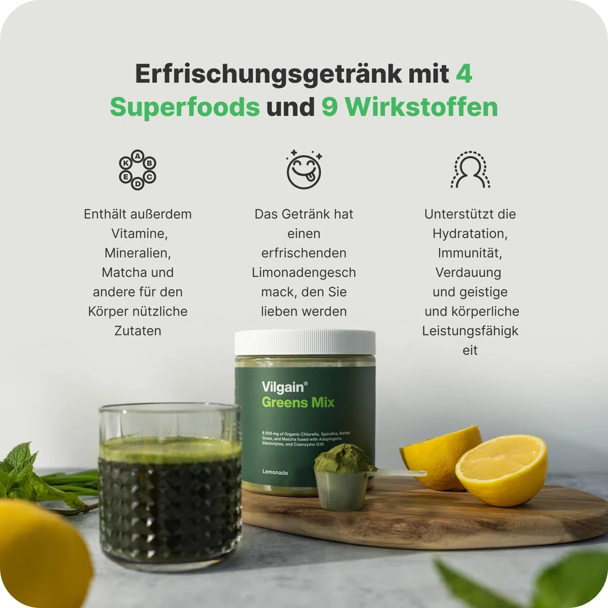 Vilgain Greens Mix (300 g) Lemonade – 13 Aktive Inhaltsstoffe Mit Bio Superfoods, Veganer Super Greens Drink Pulver Mit Chlorella, Spirulina & Matcha, Natürliche Elektrolyte & Energie Ohne Zucker