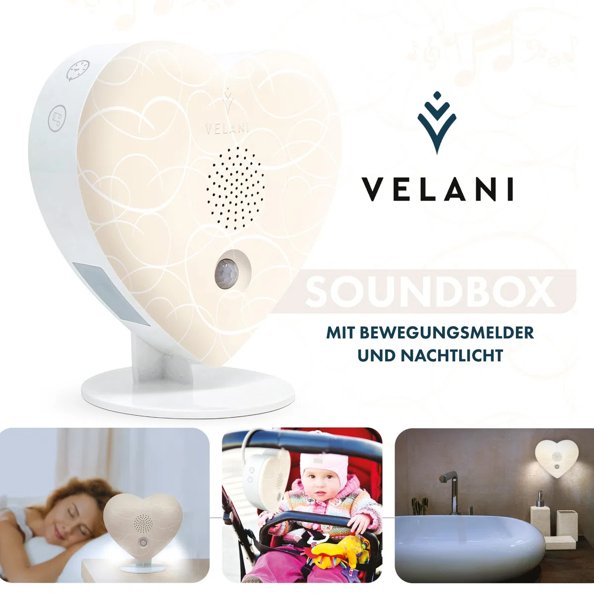 Zwitscher Naturgeräusche Box mit Bewegungsmelder - 18 brillante Klänge, Timer 2–120 Min. für Entspannung im Gäste WC, Vogelgezwitscher Box – VELANI Prestige (Pastell-Cremeweiß, Herz)