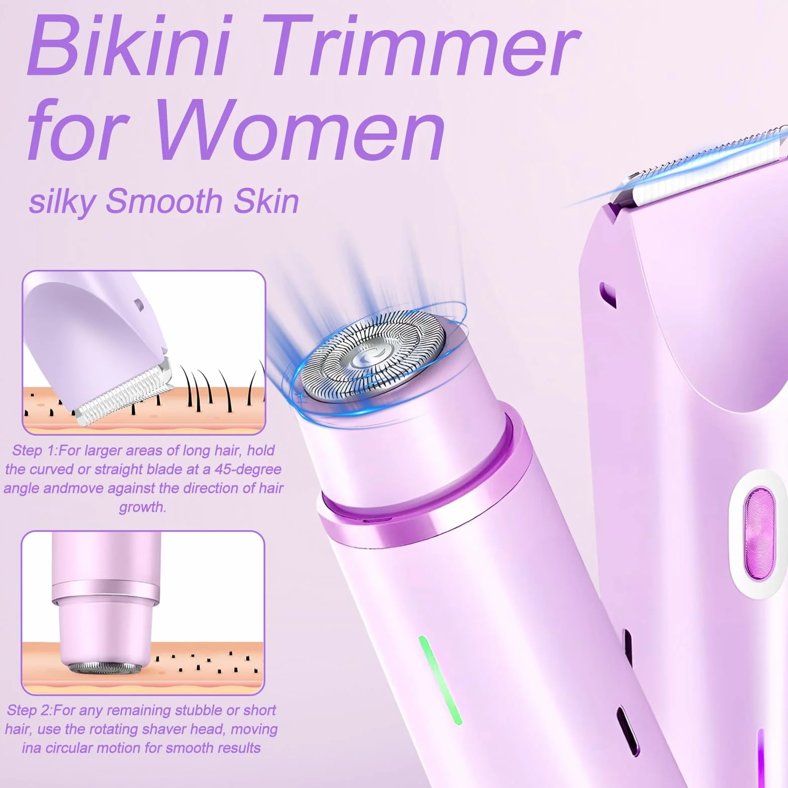 Intimrasierer für Frauen, 2-in-1 Elektrischer Rasierer Damen Intimbereich Intimrasierer, Damenrasierer Elektrisch mit USB-C-Laden für Underarm, Leg, Arm, Body, Face (Lila)