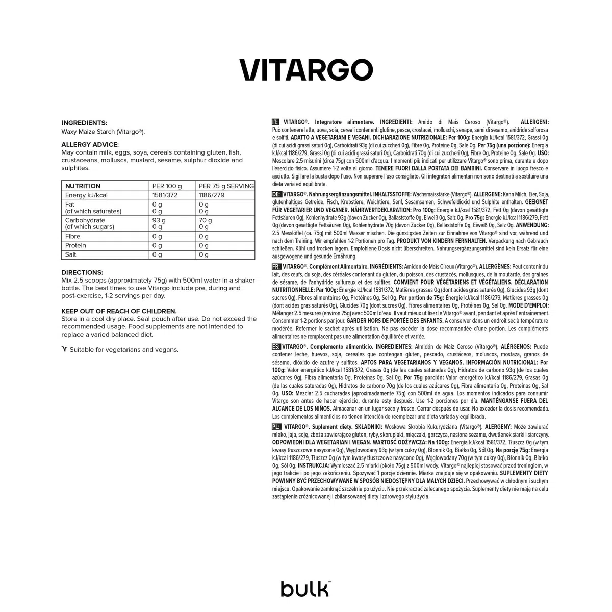 Bulk Vitargo Pulver, 1 kg, 13 Portionen, Verpackung Kann Variieren