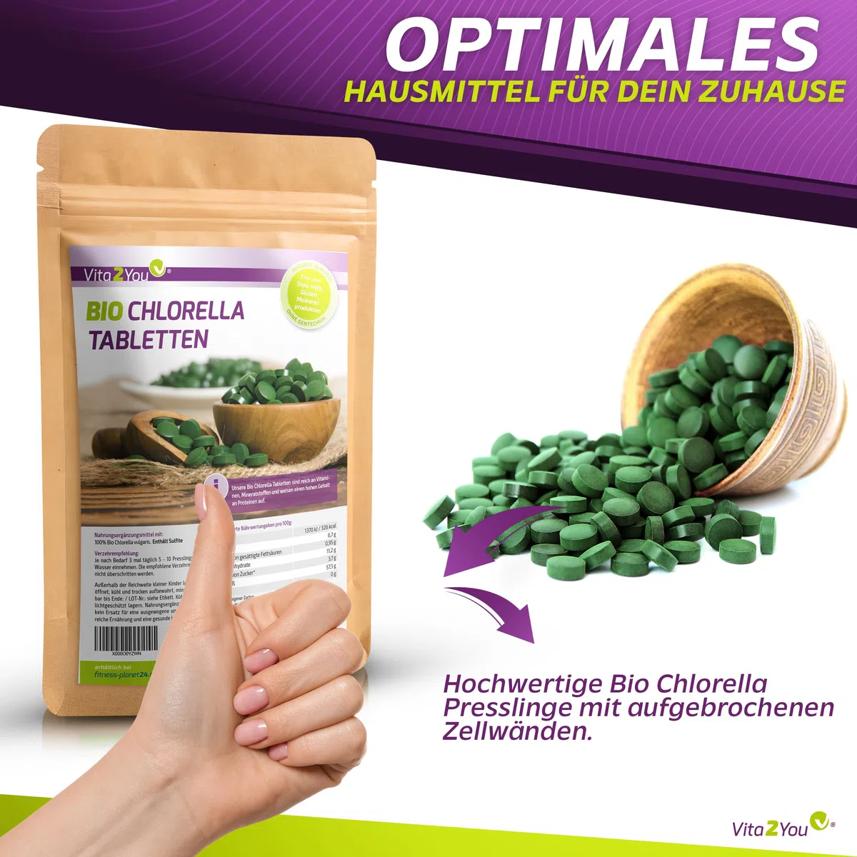 Vita2You Bio Chlorella Tabletten | 400mg pro Tablette | 1250 Presslinge | 500g Algen aus Ökologischen Anbau | Rohkost im Zippbeutel