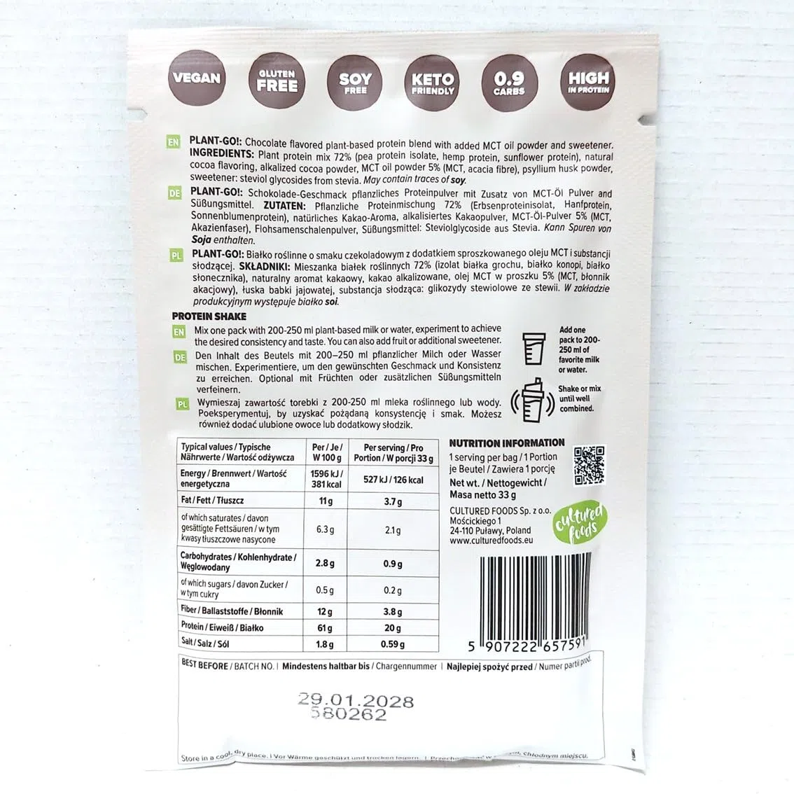 Proteinpulver Vegan - 3 Komponenten Erbsen- Sonnenblumen- und Hanfprotein - mit MCT Öl und Stevia - Muskelaufbau und Regeneration - 20 Portionen - PLANT-GO! Scho­ko­la­de