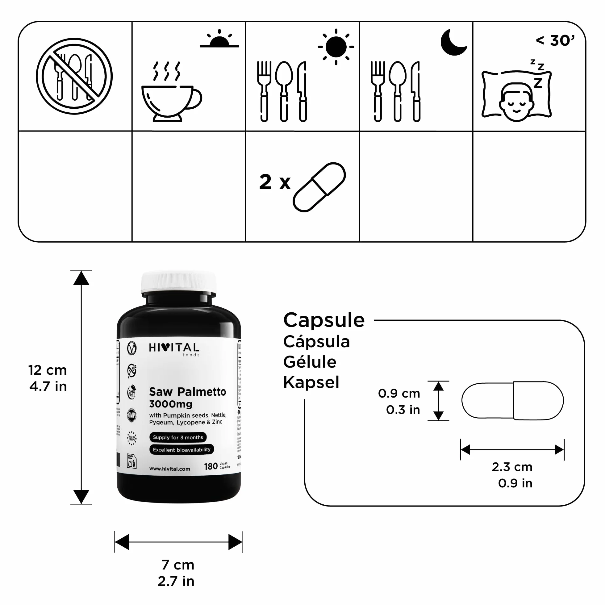 Saw Palmetto 3000 mg. 180 vegane Kapseln für 3 Monate. Mit Serenoa Repens (Sabal Serrulata), Kürbiskernen, Brennnessel, Pygeum Africanum, Lycopin und Zink. Hergestellt von HIVITAL