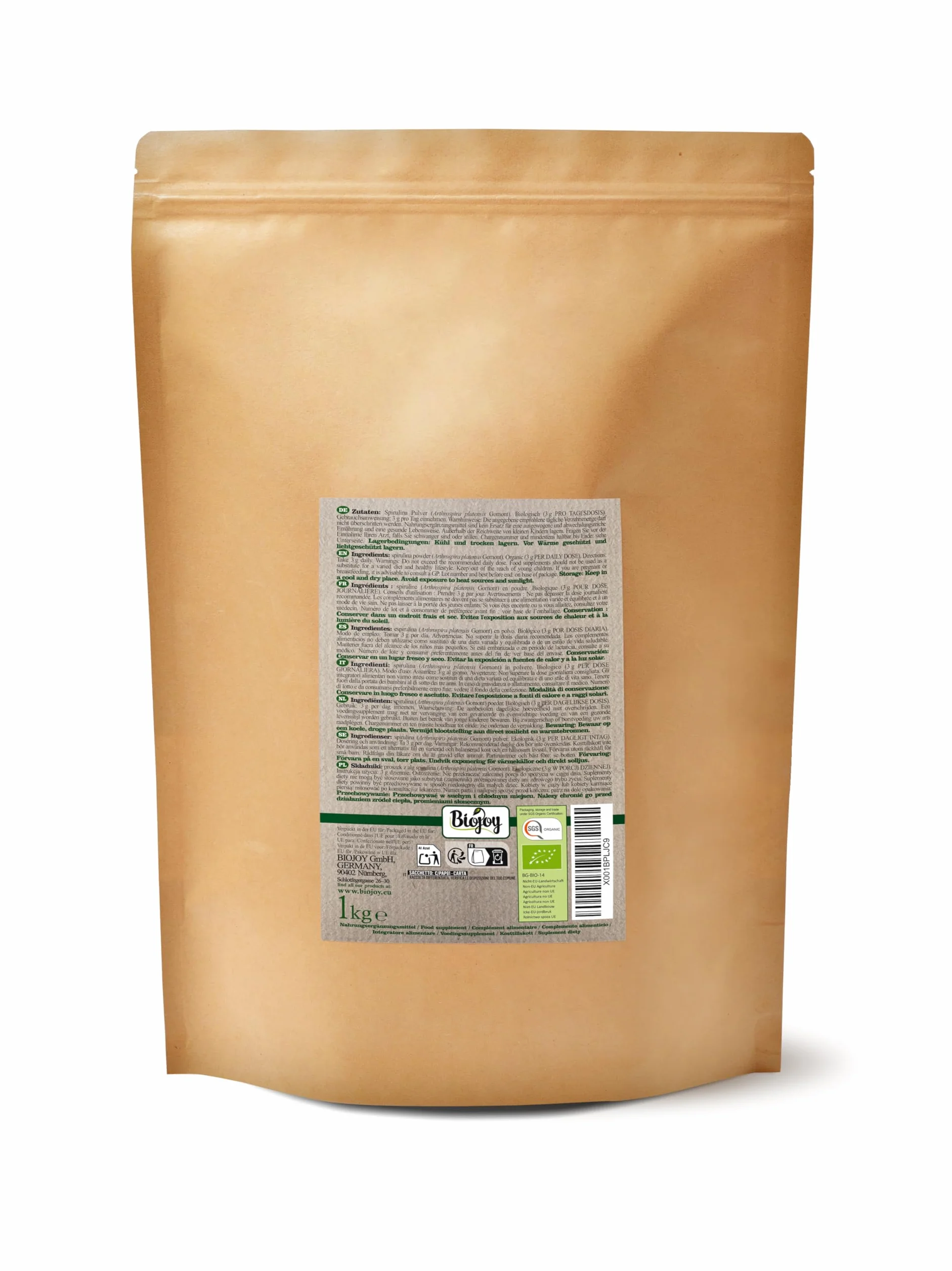 Biojoy BIO-Spirulina Pulver (1 kg), roh und rein, Spirulina Algen (Arthrospira platensis)