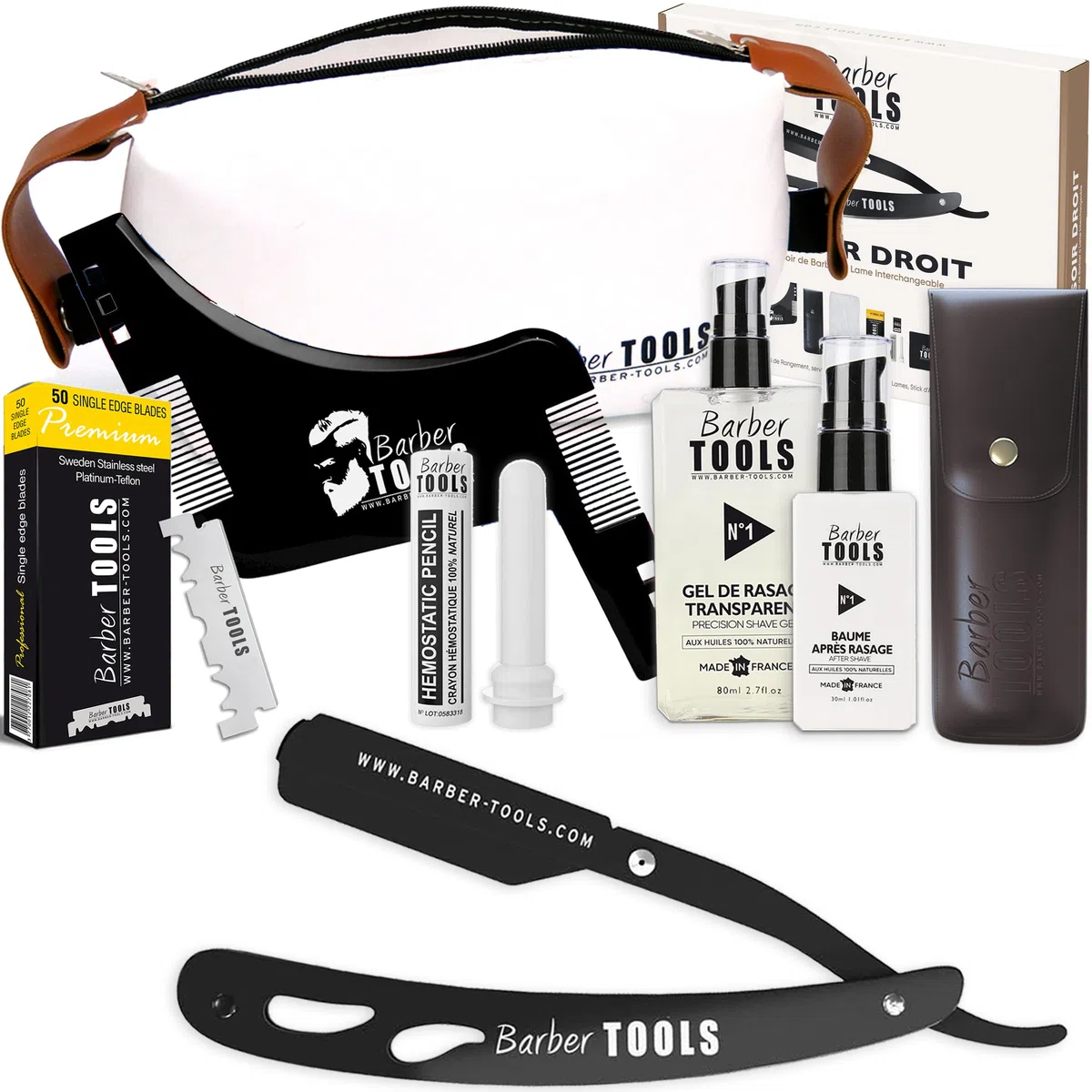 Bart-Rasier-Set für Männer/Bart-Rasiermesser - mit 50 Einzelklingen + Führungskamm + 80-ml-klarem Rasiergel + 30-ml-Aftershave + Alunstift + großer Beutel - SCHWARZ - BARBER TOOLS