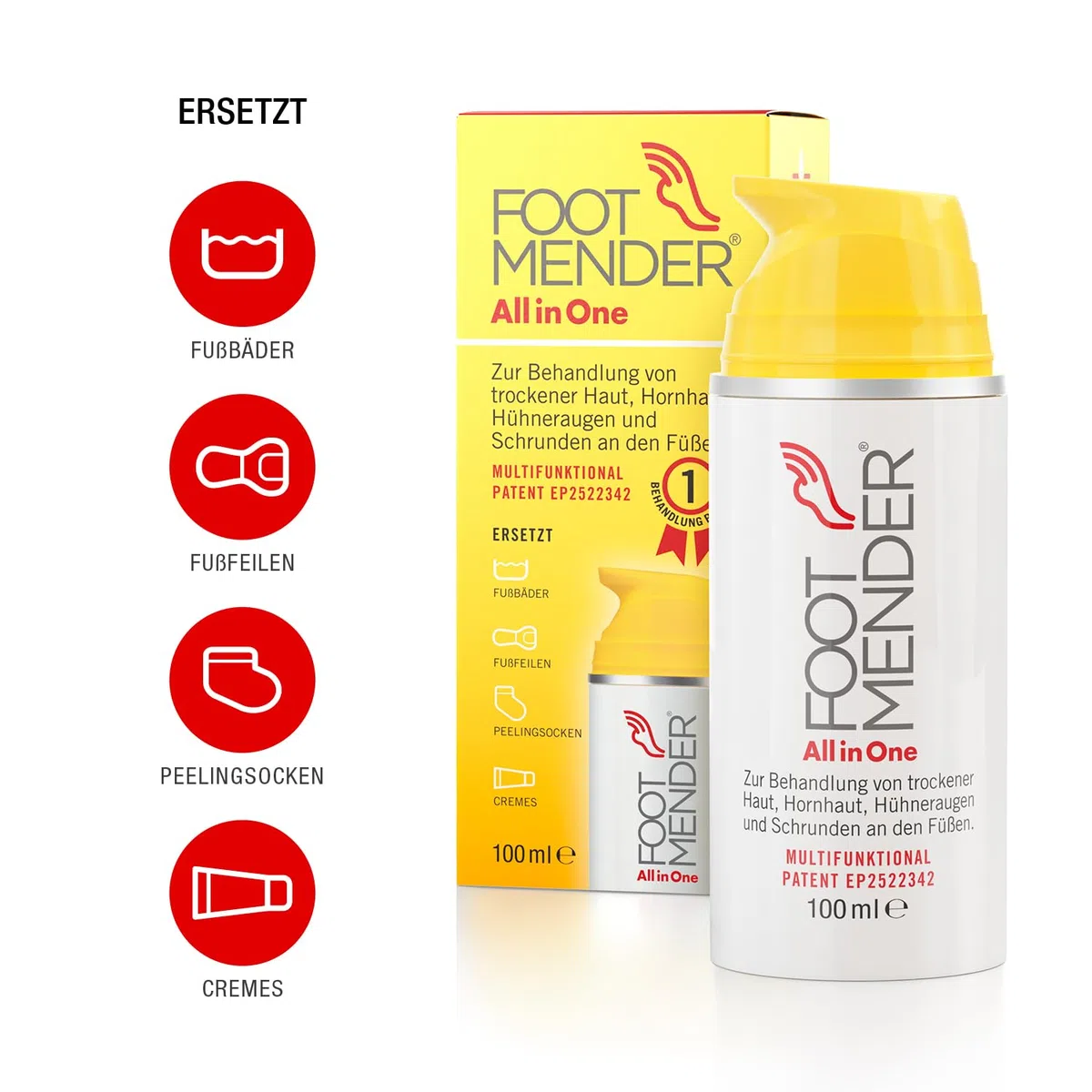 Footmender All in One Fußbehandlung, 100 ml | Behandelt trockene Füße, Gegen Hornhaut und Hühneraugen, Heilt Schrunden, Signifikante Wirkung nach erster Behandlung