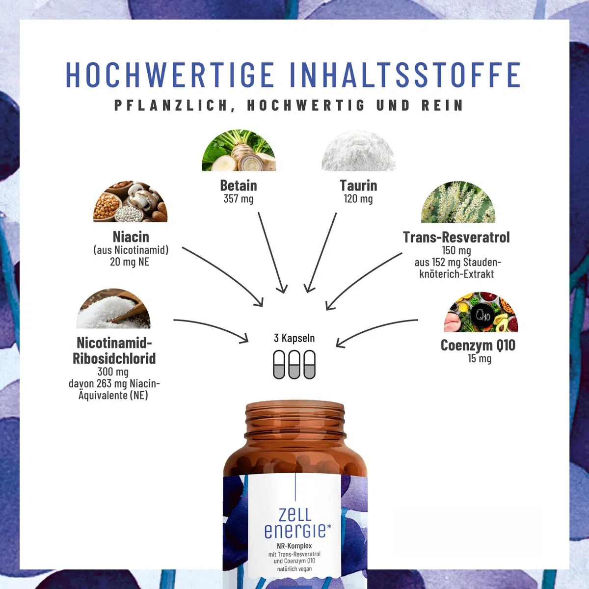 Zellenergie - NAD+ Faktor - mit Nicotinamide-Riboside 300mg (NR) - NAD Komplex - Betain, Resveratrol, Coenzym Q10, Taurin & Vitamin B3 - laborgeprüft in Deutschland – 90 vegane Kapseln von NATURTREU