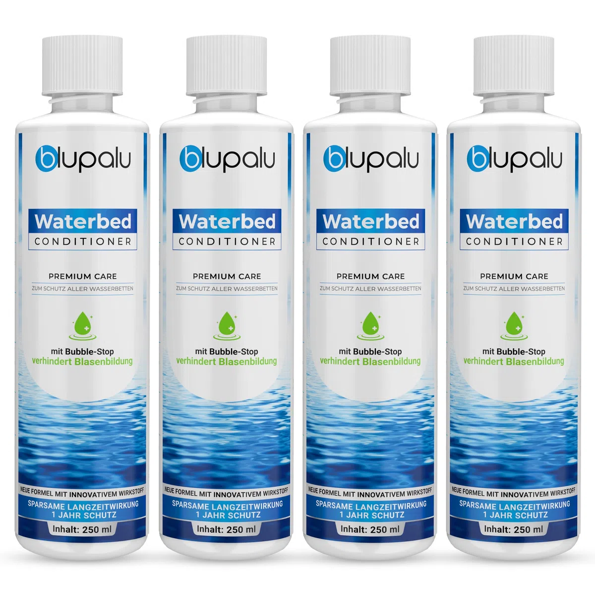 Wasserbett Conditioner Premium Care – 4x 250ml – Wasserbetten Konditionierer gegen Gerüche & Algen, Pflege für alle Wassermatratzen & Systeme aller bekannten Hersteller