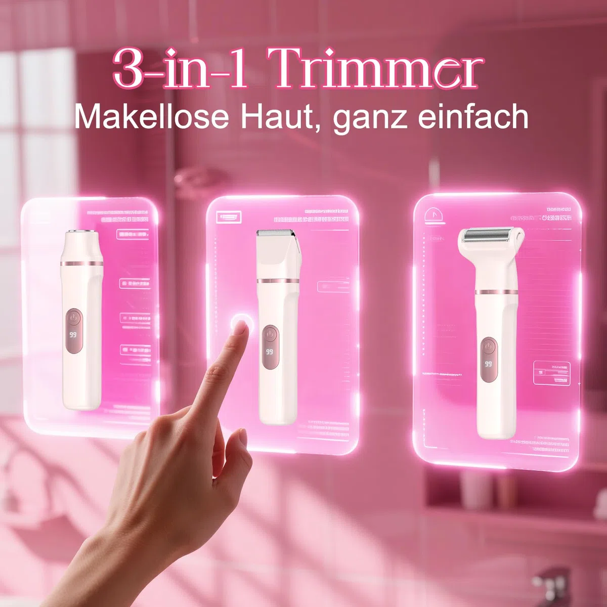 Rasierer Damen, 3-in-1 Intimrasierer für Frauen, für Körper & Intimbereich mit LED-Anzeige, Damenrasierer elektrisch IPX7, Wiederaufladbar mit USB-Ladestation, Trimmer Damen nass & trocken, Rosa