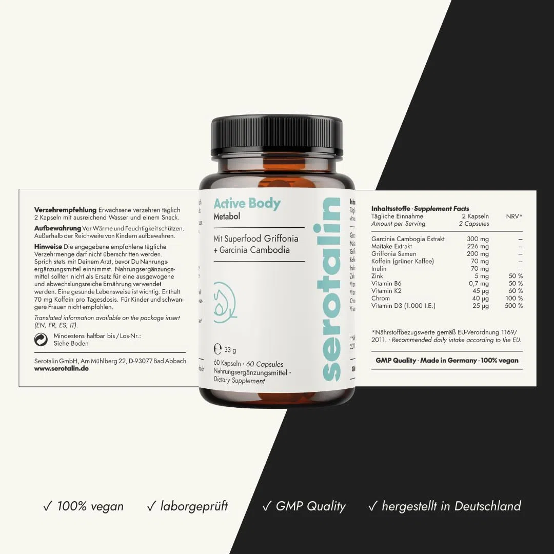 serotalin Active Body Metabol für den Stoffwechsel* | Garcinia Cambogia mit Zink, Chrom, Koffein, Vitamin B6, D3, K2 & Griffonia | 60 vegane Kapseln