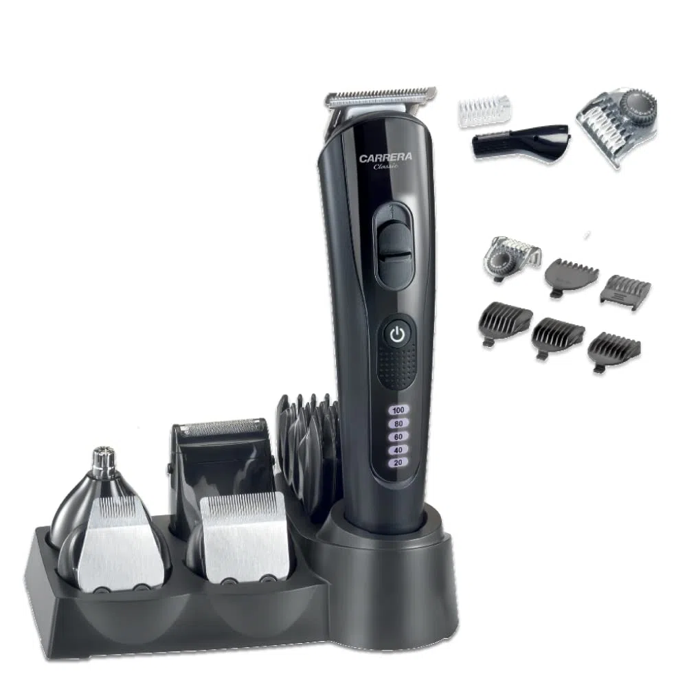CARRERA Classic 6in1 Haarschneider Set - Haarschneidemaschine mit sechs austauschbaren Schneideaufsätzen, vollausgestattetem Zubehör, LED-Display und bis zu 1h Akku - Metallic Grau/Schwarz