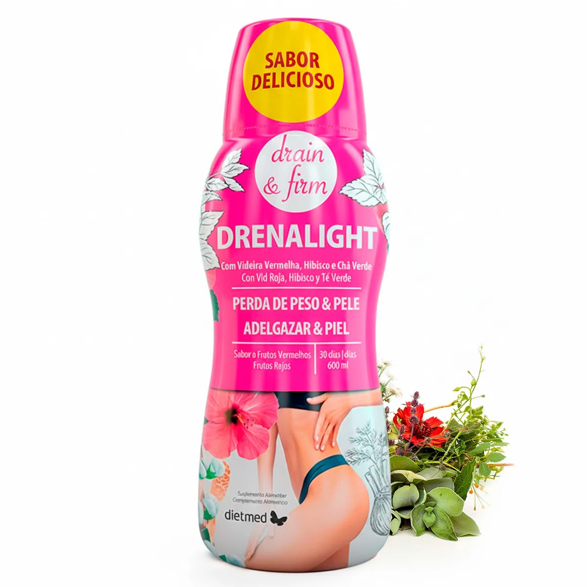 Dietmed | Drenalight Drain & Firm - 600 ml Lösung zum Einnehmen | Mit roter Weinstock, Hibiskus und grünem Tee | 30 Tage