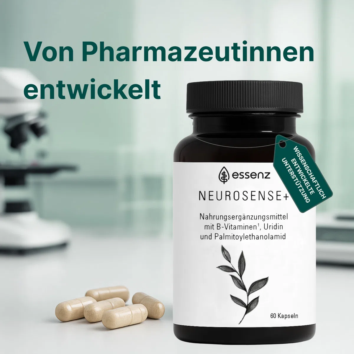 ESSENZ - Neurosense+ 60 Kapseln - Zur Unterstützung der normalen Zell- und Nervenfunktion. Natürliche Kapseln mit Folsäure sowie Vitamine B6 & B12. Made in Germany