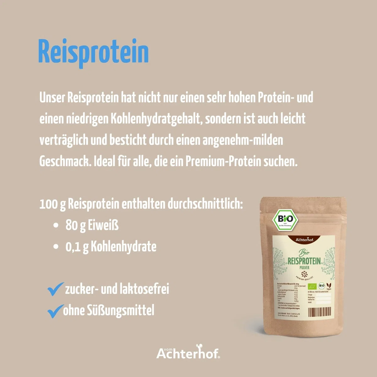 Reisprotein BIO | 1 KG | 83% Proteinanteil | Veganes Proteinpulver | Glutenfrei | direkt vom Achterhof