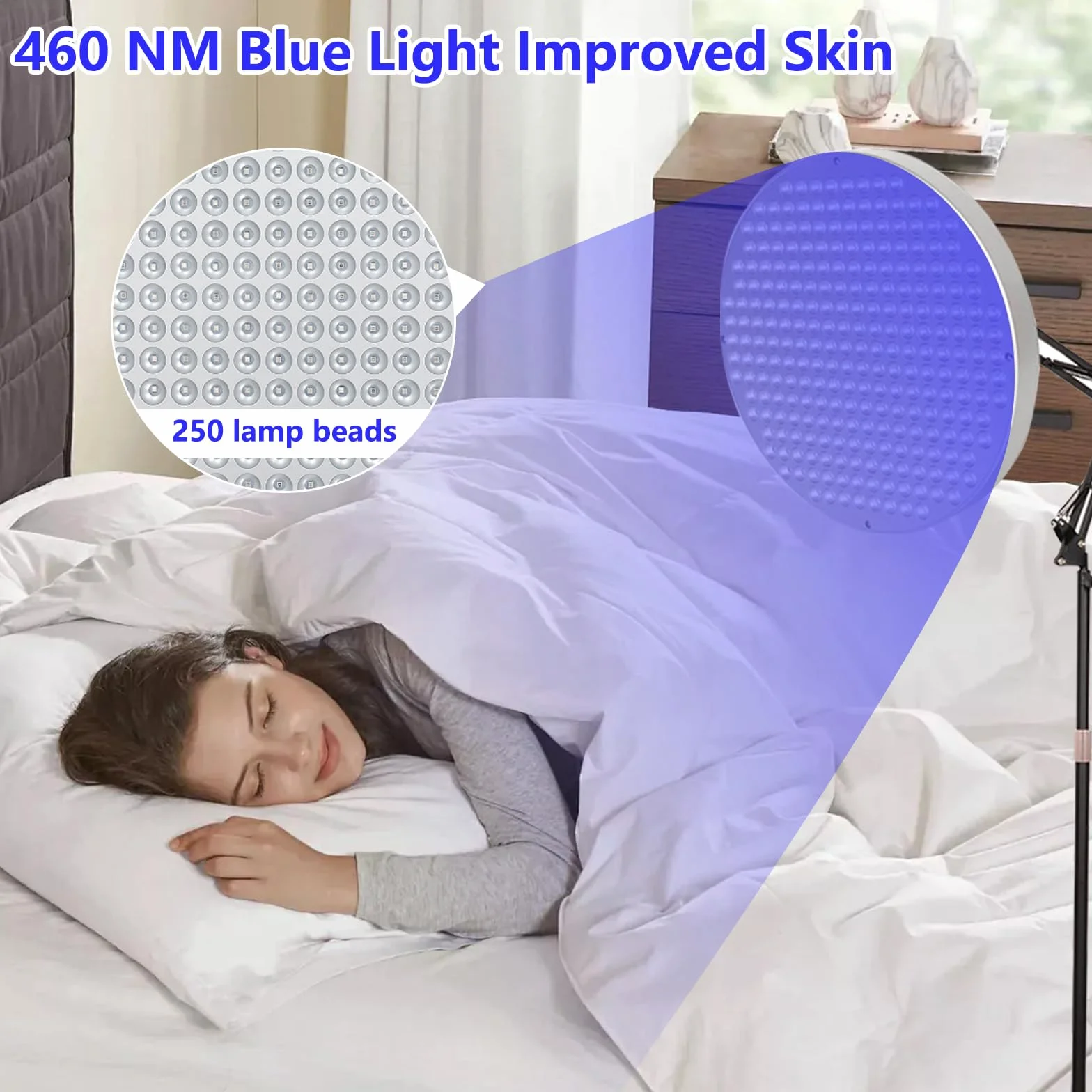 Solarium für Zuhause, 250 LED 460nm Blaues Licht Bräunungslampe Sonnenlampe Bräunungslampen, Halterung 360 Grad Verstellbar, Höhenverstellbar, Hause Tageslicht für Körper und Gesicht