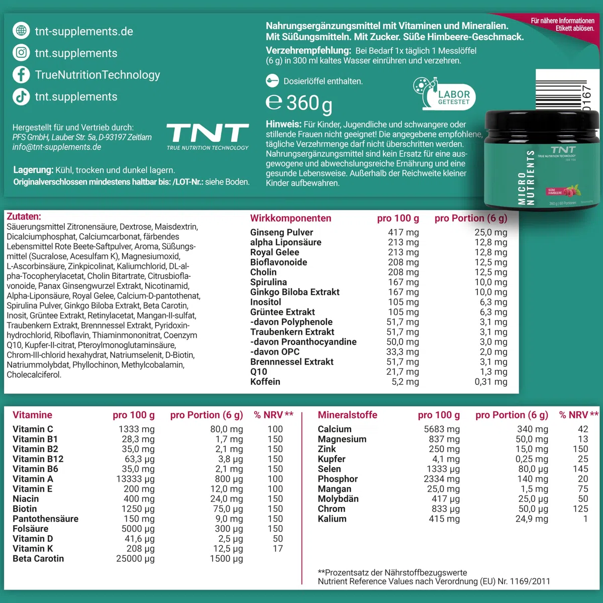 TNT Multivitamin Pulver mit 24 Vitaminen & Mineralien (360g) • Vitamin Komplex mit Grüntee Extrakt, Spirulina & Coenzym Q10 • Micronutrients (Süße Himbeere)