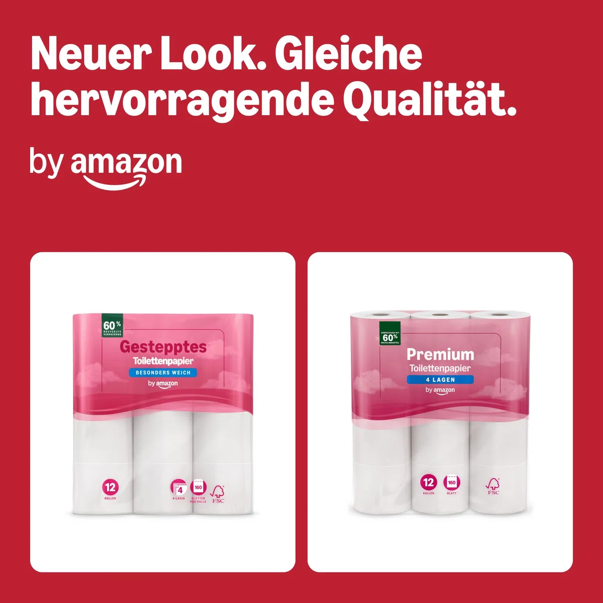 by Amazon Premium Toilettenpapier, 4-lagig, 48 Rollen (4 Packungen à 12 Stück), 160 Blatt pro Rolle, FSC-zertifiziert