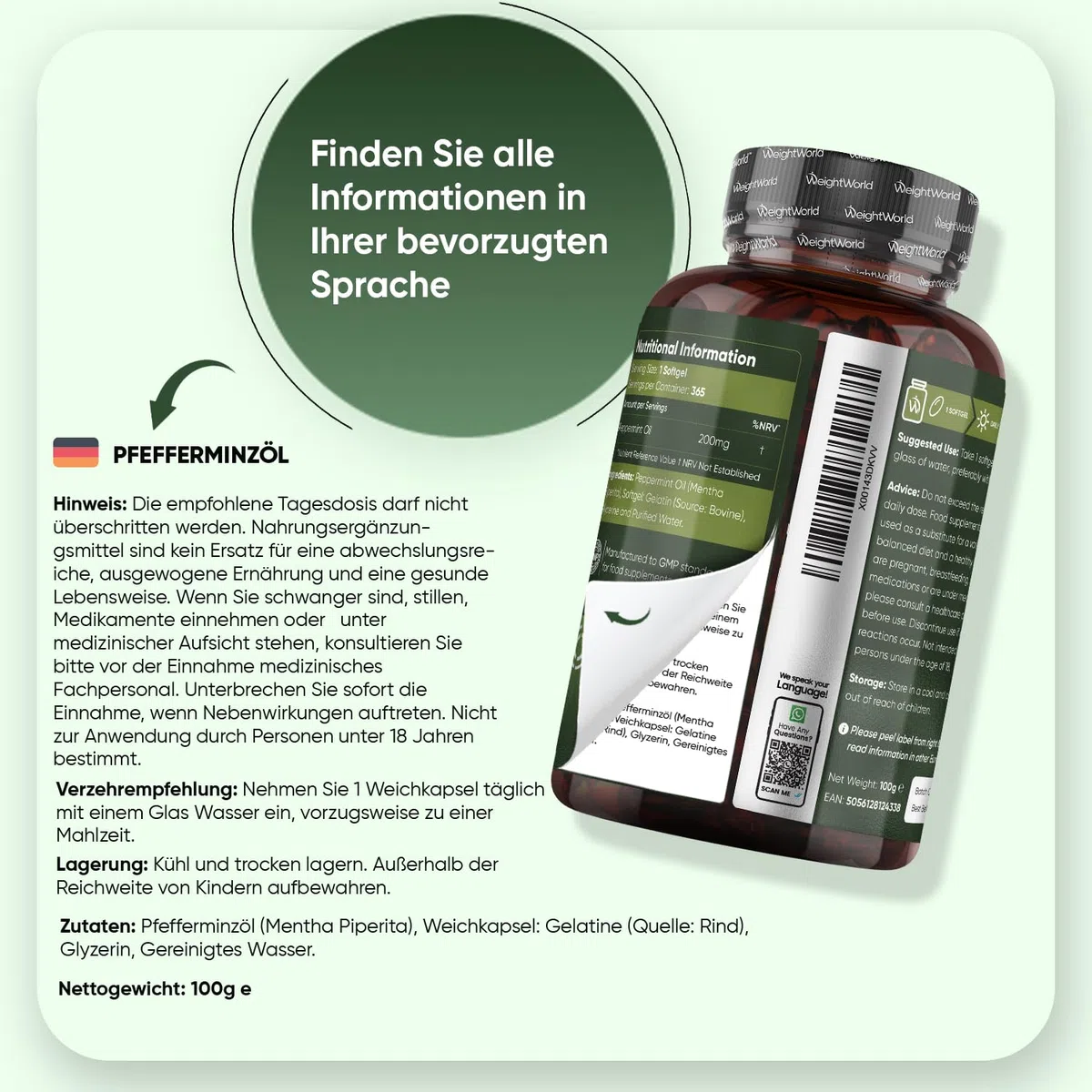 Pfefferminzöl Weichkapseln - 200mg Pfefferminz Öl pro Softgel - 365 Pure Peppermint Oil Weichkapseln - 1 Jahr Vorrat - Glutenfrei, Laktosefrei & Ohne Gentechink - Pfefferminze - WeightWorld