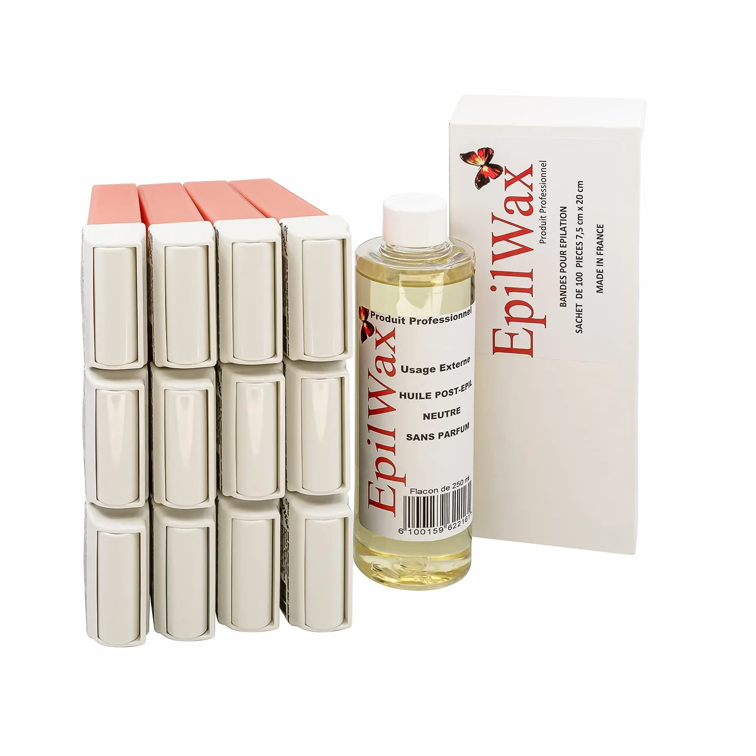 EpilWax - Nachfüllpackung mit: 12 Roll-on-Patronen mit Honig, 1 Packung mit 100 Vliesstreifen zur Haarentfernung und 1 Flasche mit 250 ml neutralem Öl nach der Haarentfernung (rosa)