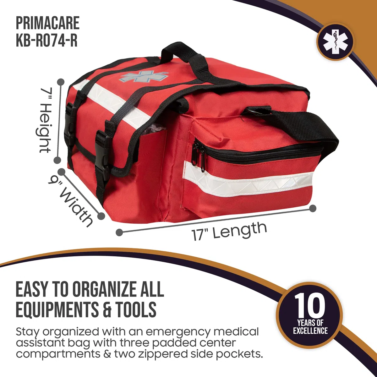 Primacare Ersthelfer-Tasche für Trauma, professionelles Set mit mehreren Fächern, Tasche für medizinisches Notfall-Zubehör, rot, 43,2 x 22,9 x 17,8 cm, KB-RO74-R
