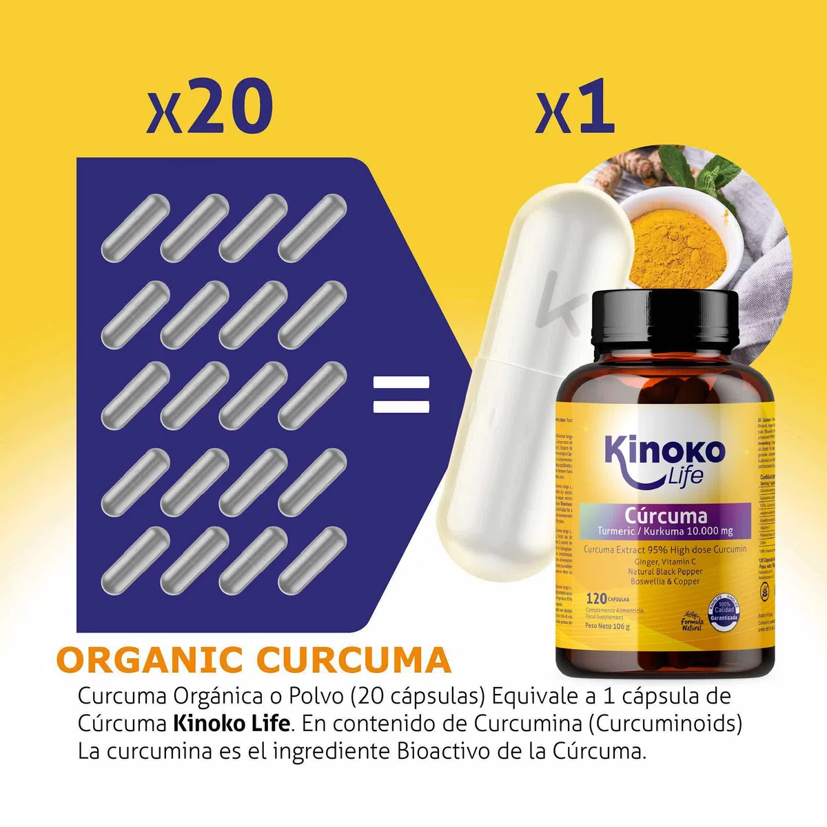 KURKUMA 10000 mg REINES CURCUMIN | 120 Kapseln | 95% Extrakt | Ingwer, schwarzer Pfeffer, Boswellia, Vitamin C und Kupfer | Hoch absorbierend | Entzündungshemmend für Ihre Gelenke