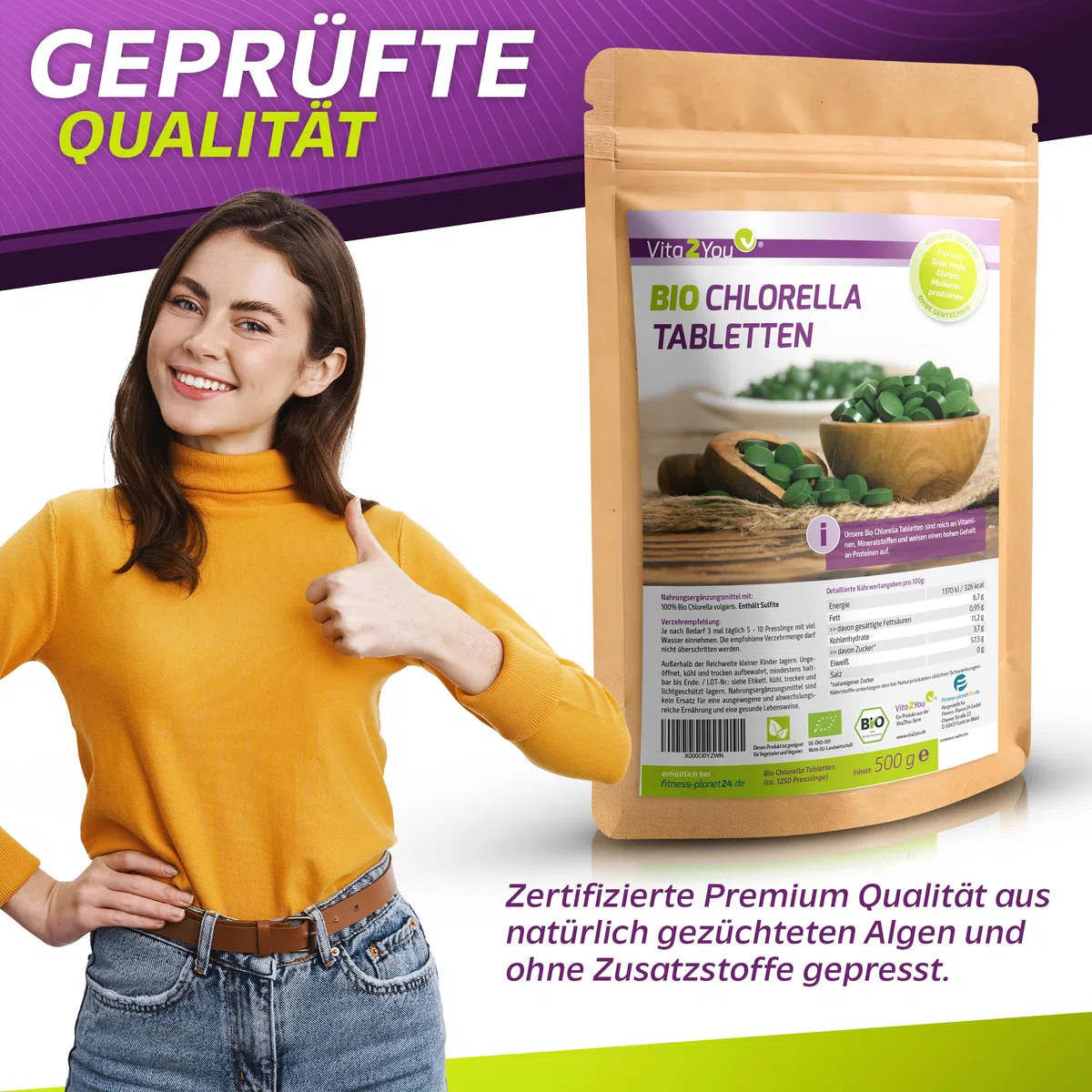 Vita2You Bio Chlorella Tabletten | 400mg pro Tablette | 1250 Presslinge | 500g Algen aus Ökologischen Anbau | Rohkost im Zippbeutel