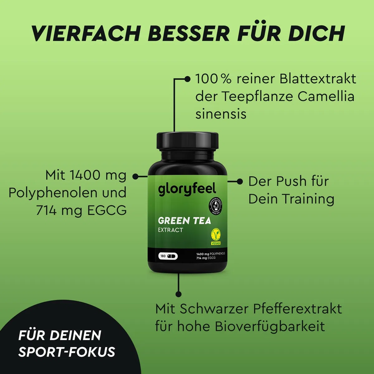 Grüntee Kapseln – 1429 mg Grüntee Extrakt mit 1400 mg Polyphenolen pro Tag – 714 mg EGCG – mit Schwarzem Pfefferextrakt – 180 vegane Kapseln für Sport & Wohlbefinden (3 Stück am Tag) – laborgeprüft