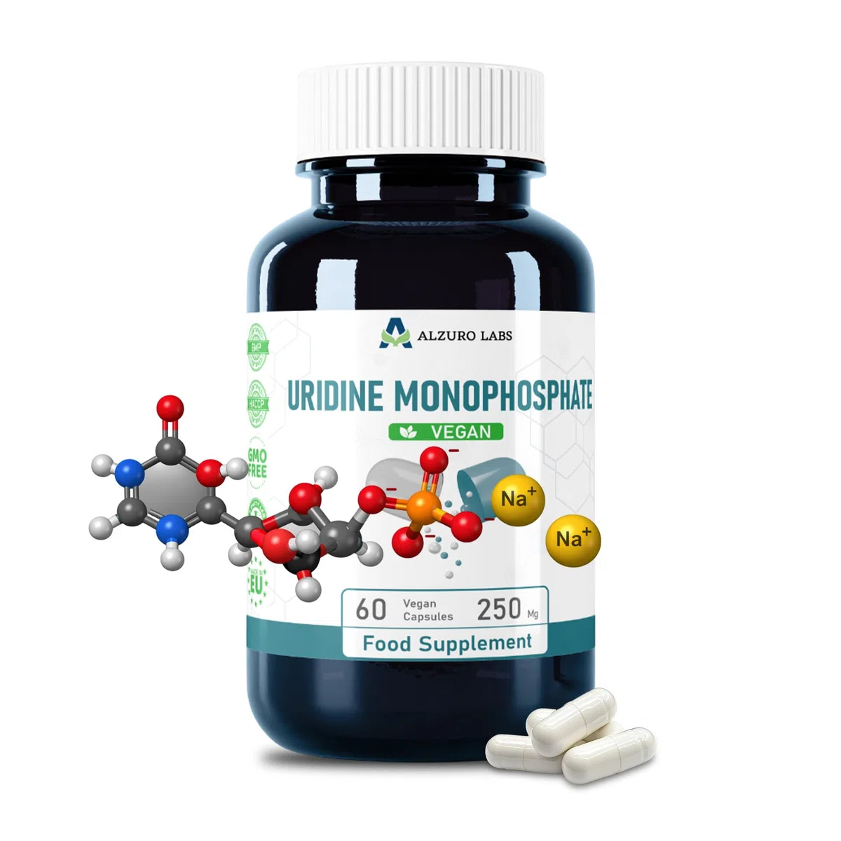 Uridinmonophosphat | 250 mg | Hochdosiert, ein Inhaltsstoff | 60 vegane Kapseln | 2-Monats-Vorrat | Uridine Monophosphate | GMP & Laborgeprüft