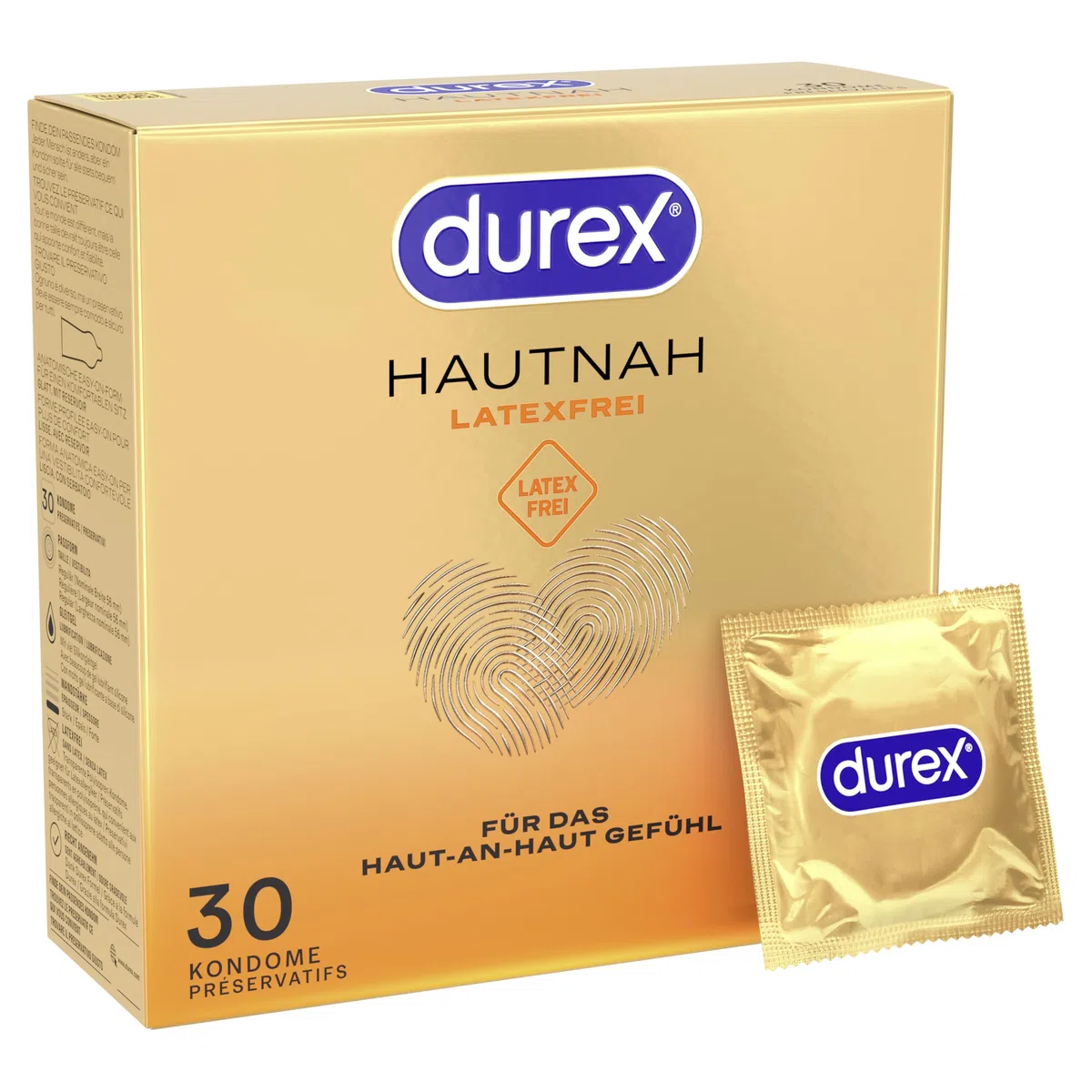 Durex Hautnah Latexfrei Kondome - Latexfreie Kondome aus Real-Feel-Material & mit anatomischer Easy-On-Form - Ohne Latex - 30er Pack 1 x 30 Stück
