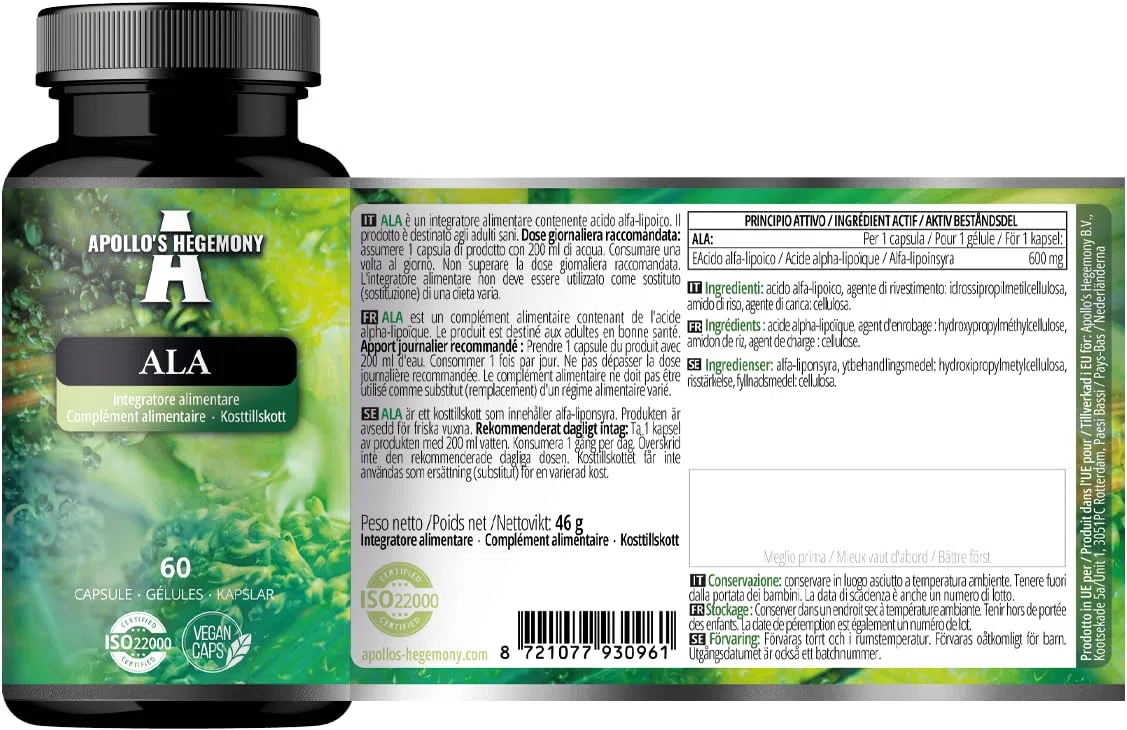 ALA (Alpha Lipoic Acid) 600 mg - 60 Vegan Capsules - Optimizes Glucose Management - Supports Mitochondrial Health - Two Month Supply - by Apollo's Hegemony