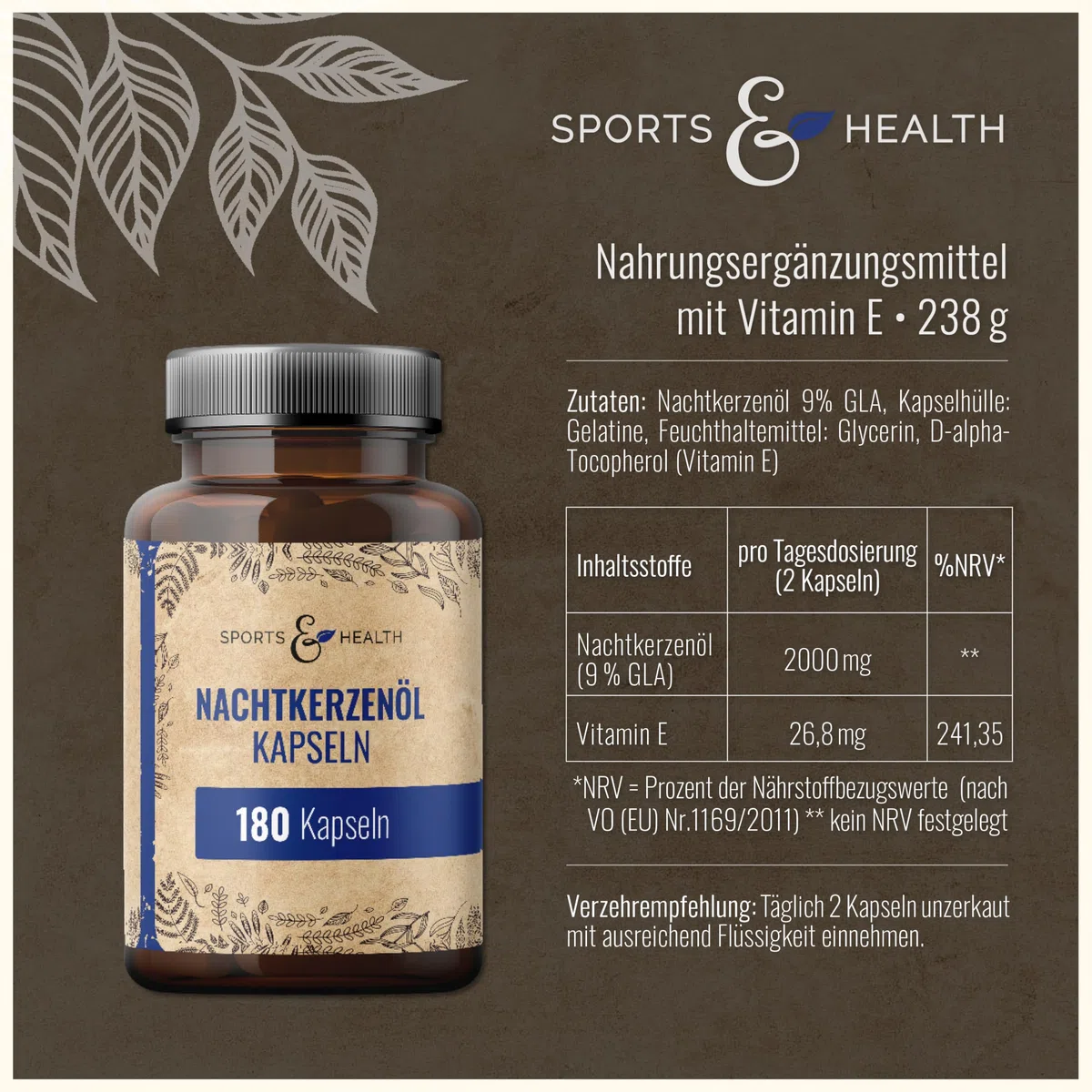 Nachtkerzenöl Kapseln - 180 Kapseln Hochdosiert 2000mg pro Tagesdosierung - Mit natürlichem Vitamin E - Nachtkerzenöl Kapseln für die Haut - Evening Primrose Oil Capsules