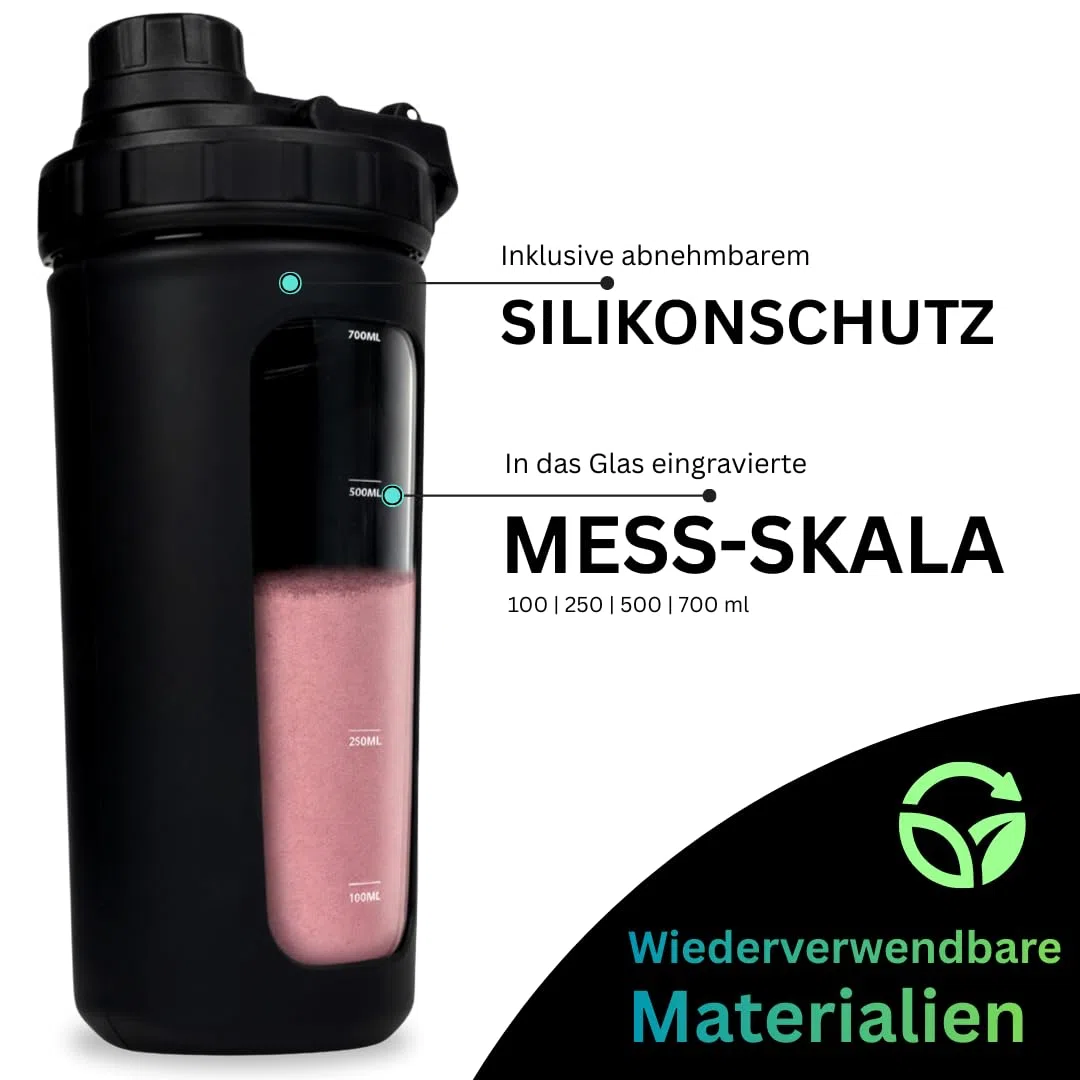 Glas Shaker 750 ml [PREMIUM] | Proteinshaker mit Mischnetz & Skala | BPA-Frei & auslaufsicher | spülmaschinenfest | robustes Spezialglas (Obsidian-Schwarz)