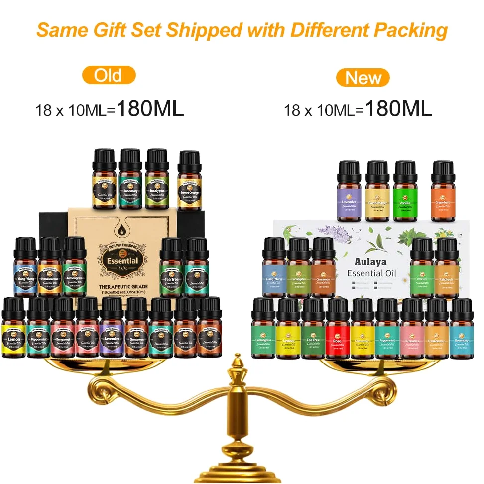 Ätherische Öle Set 18 x 10 ml, Teebaum, Lavendel, Eukalyptus, Weihrauch, Zitronengras, Rosmarin, Orange, Minze, Zitrone, Bergamotte, Ylang-Ylang, Grapefruit,Kamille, Rose, Vanille, Patchouli