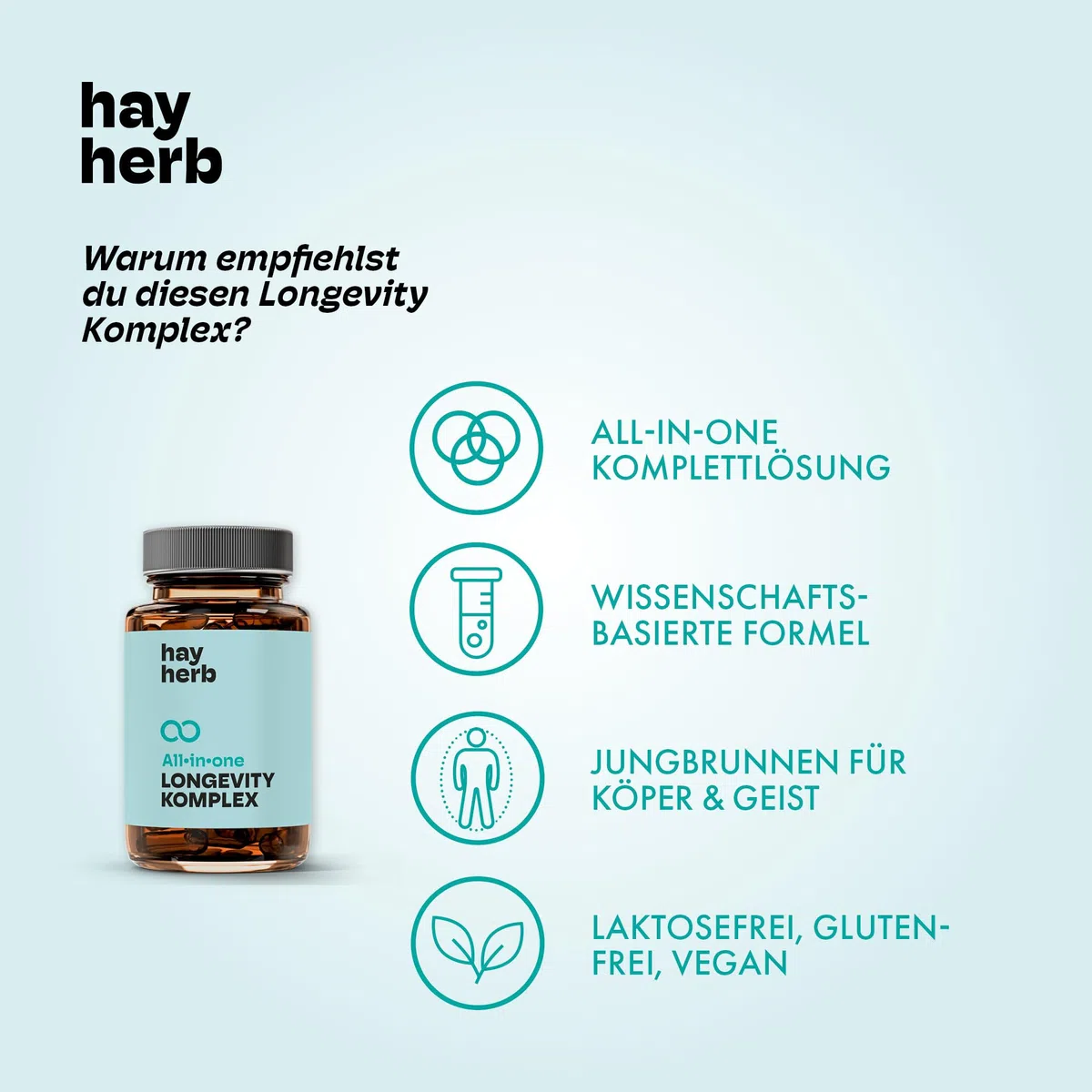 Longevity Komplex Kapseln 60 Stk. | All-In-One Komplettformel | Jungbrunnen für Körper & Geist | Mit PQQ und Grüntee - Age-Less-Effekt | 100% vegan | Hay Herb