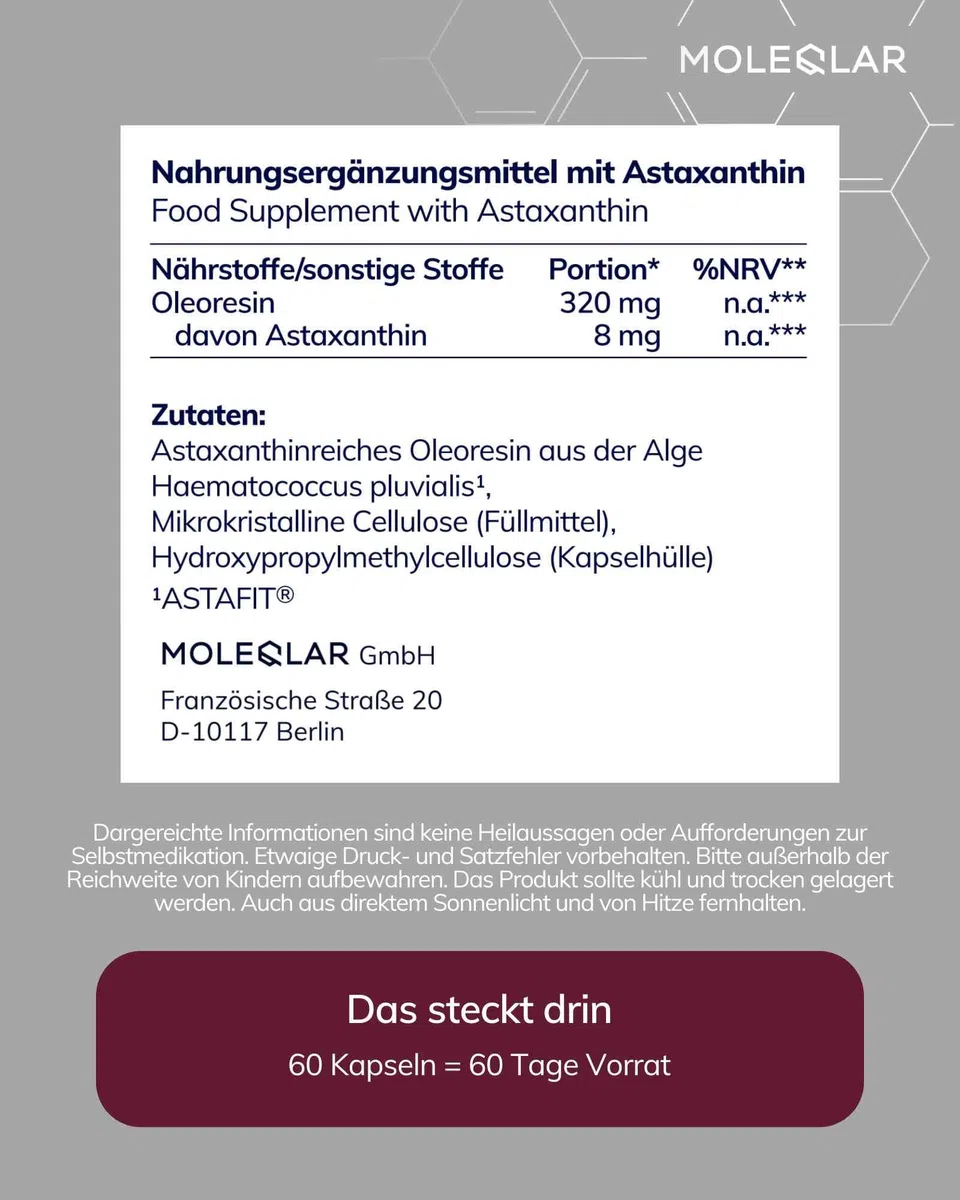 MoleQlar Astaxanthin Kapseln 60 Stück - 8 mg Astaxanthin aus Oleoresin - Markenrohstoff ASTAFIT - Nachhaltig Gewonnen aus Haematococcus Pluvialis - Nahrungsergänzungsmittel