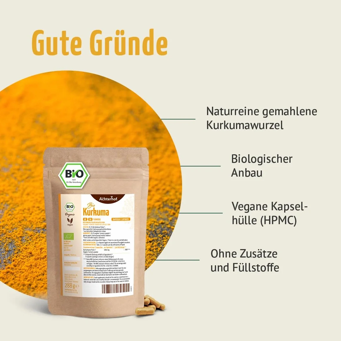 Kurkuma Kapseln Bio Nachfüllpack | 400 Stück | 4800mg Kurkuma pro Tagesdosis | frisch gemahlene Kurkumawurzel in Bio-Qualität | vegane Kapselhülle | vom Achterhof