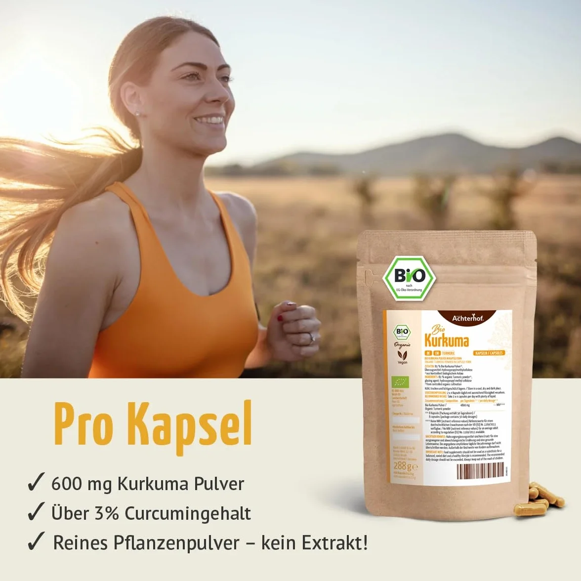 Kurkuma Kapseln Bio Nachfüllpack | 400 Stück | 4800mg Kurkuma pro Tagesdosis | frisch gemahlene Kurkumawurzel in Bio-Qualität | vegane Kapselhülle | vom Achterhof