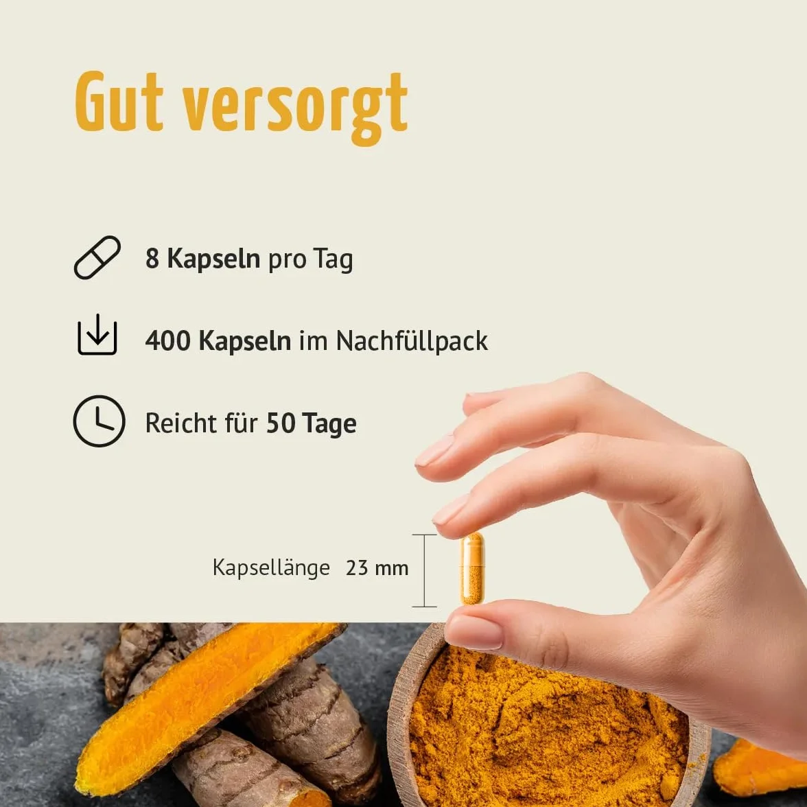 Kurkuma Kapseln Bio Nachfüllpack | 400 Stück | 4800mg Kurkuma pro Tagesdosis | frisch gemahlene Kurkumawurzel in Bio-Qualität | vegane Kapselhülle | vom Achterhof