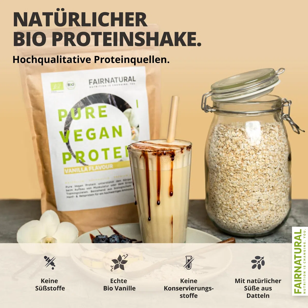 FAIRNATURAL Bio Veganes Proteinpulver Vanille ohne Soja [600G] 5K Protein Pulver Laktosefrei - Vegan Protein Powder - Pflanzliches Proteinpulver - Regional aus DE - Proteinshake Vegan - Eiweißpulver